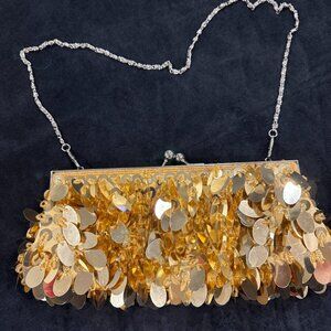 Gold beaded clutch/shoulder bag with large sequins and strap